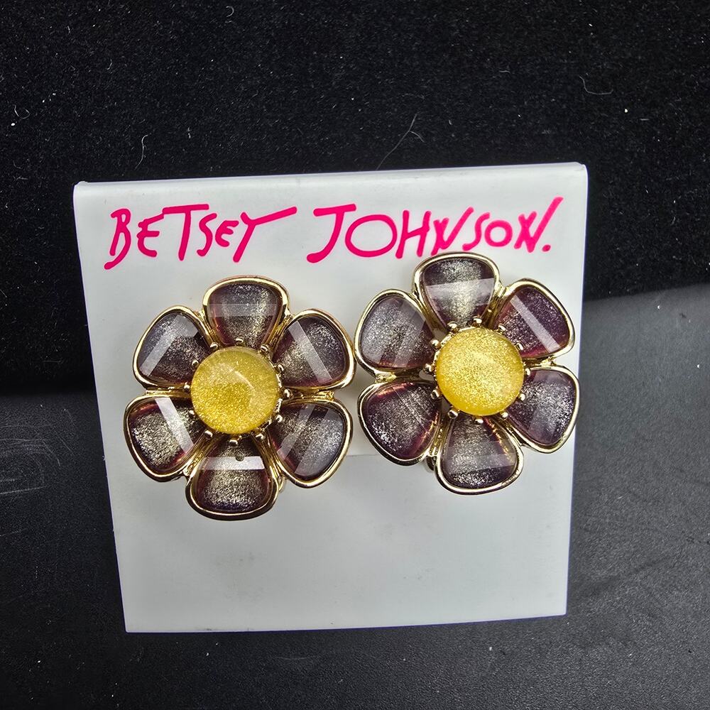 Betsey Johnson Purple Yellow Flower Clip On Earrings NWT On Card